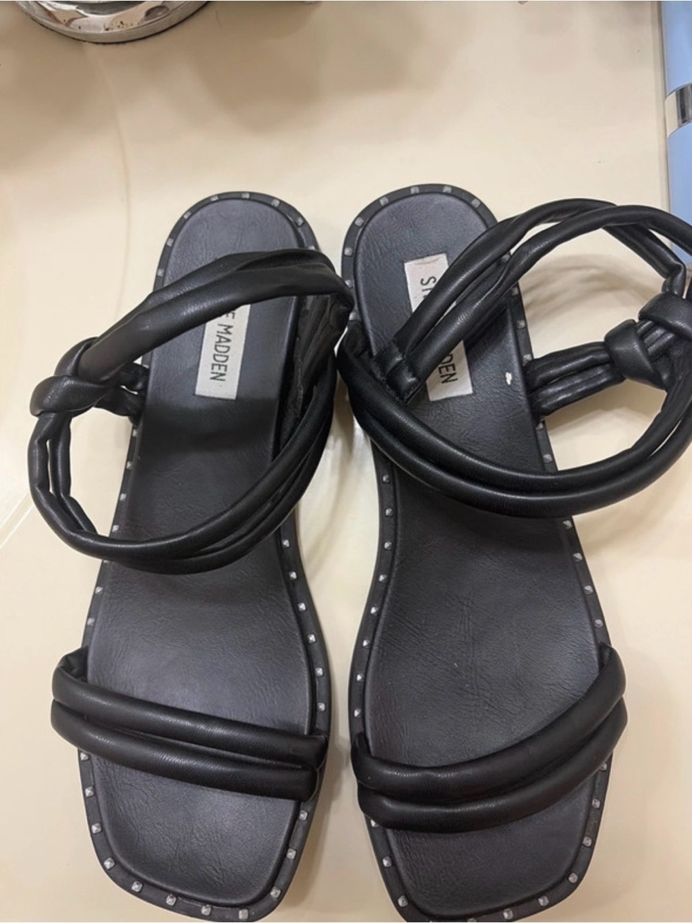 Steve Madden Black Knotted Strap Stud-Trim Flat Sandals